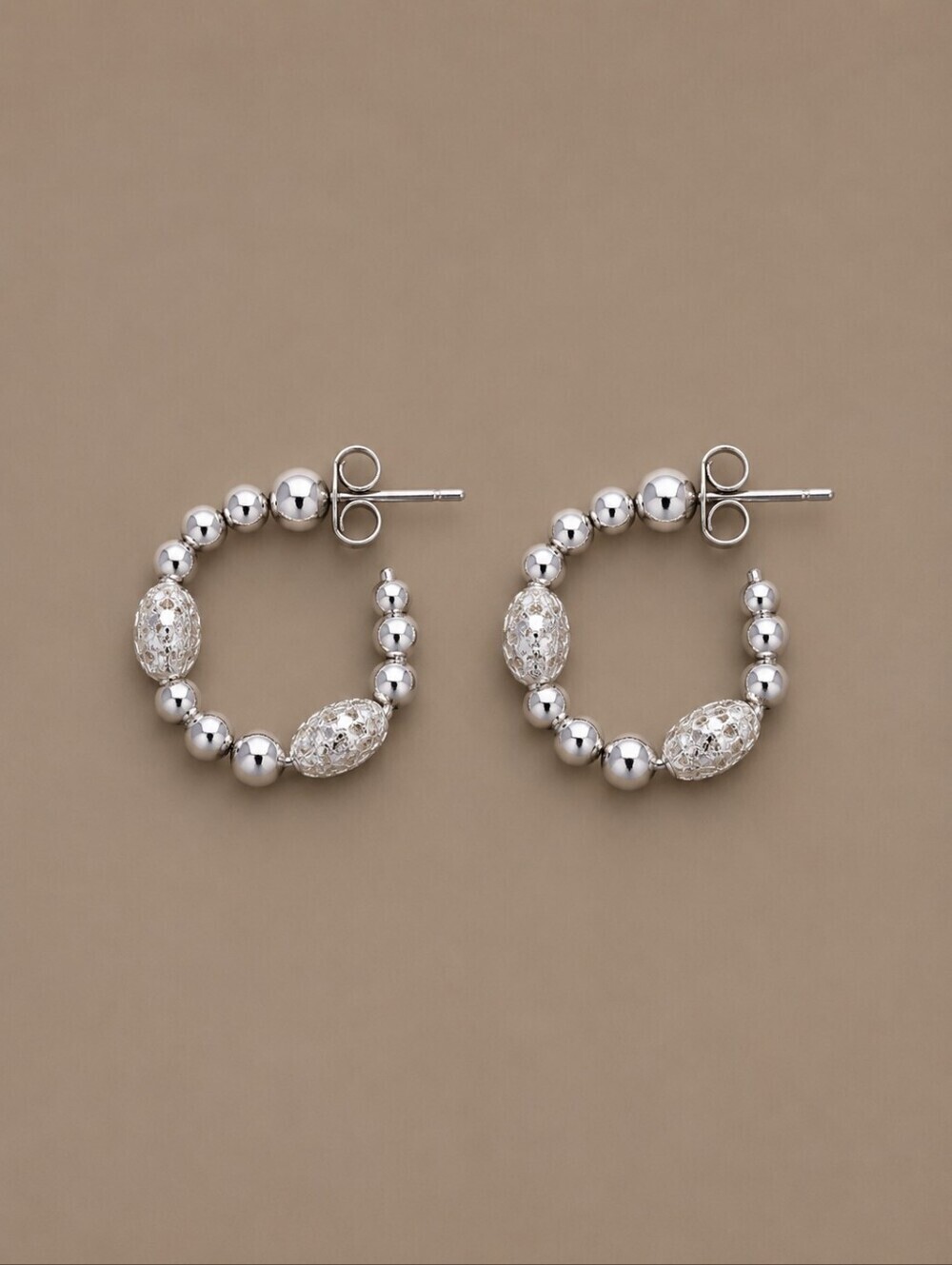 Dainty Silvertone Beaded Hoop Earrings